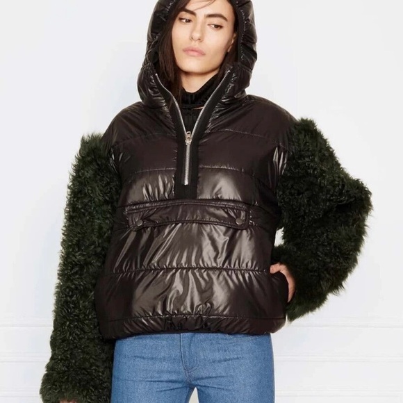 Sandy Liang Gordo Puffer Lamb Shearling Pullover Jacket Black Green Size 4 - Picture 1 of 8